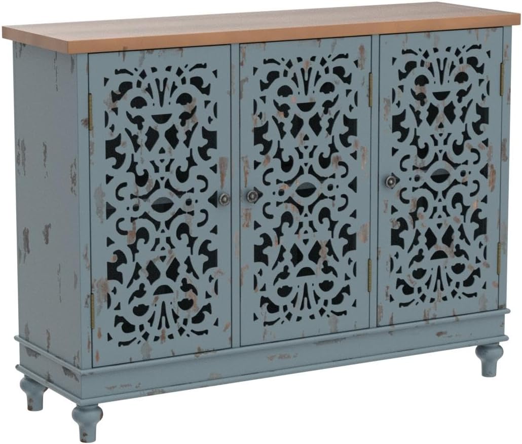Blue Hollow Carved 3-Door Sideboard Credenza