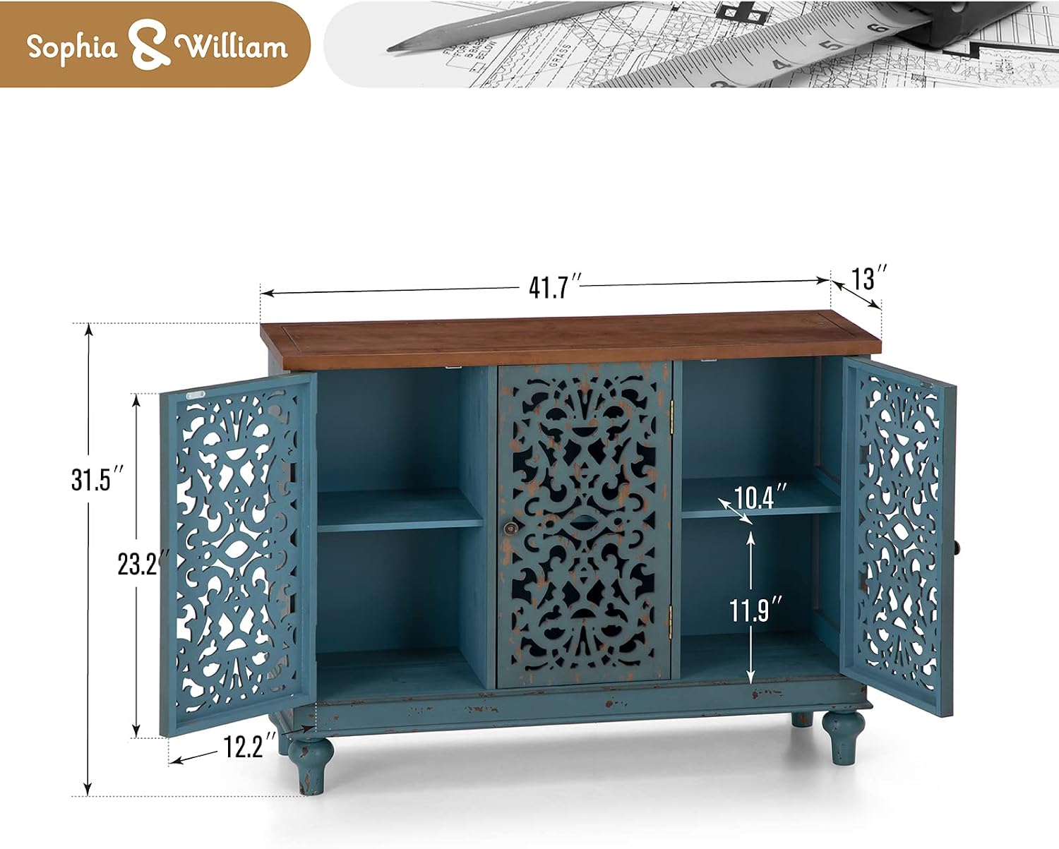 Blue Hollow Carved 3-Door Sideboard Credenza