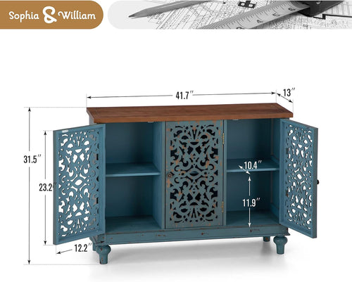 Blue Hollow Carved 3-Door Sideboard Credenza