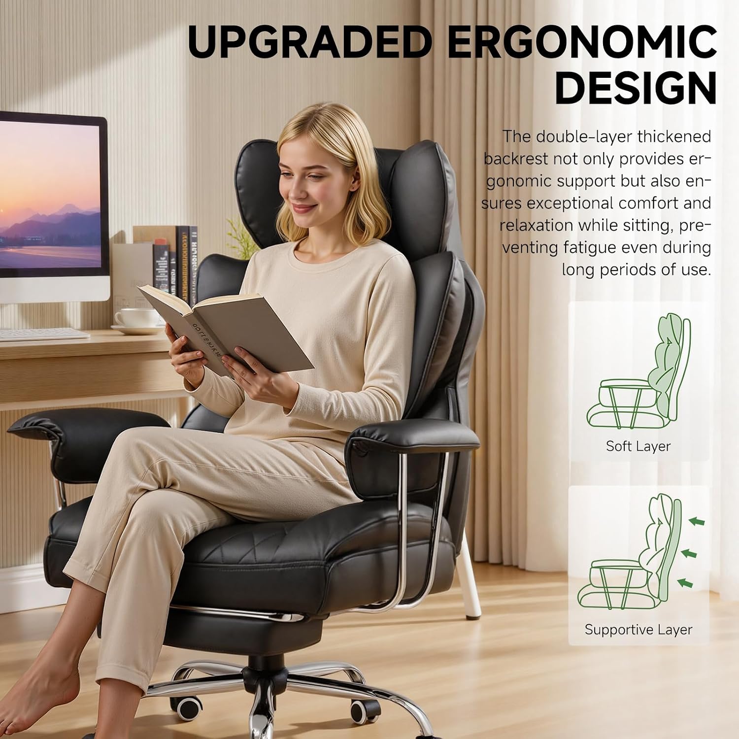 Big Tall Leather Office Chair with Footrest