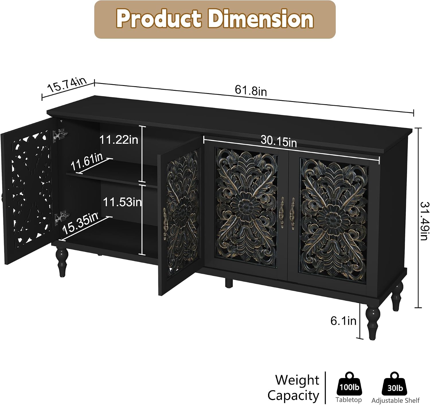 Black 4-Door Carved Sideboard