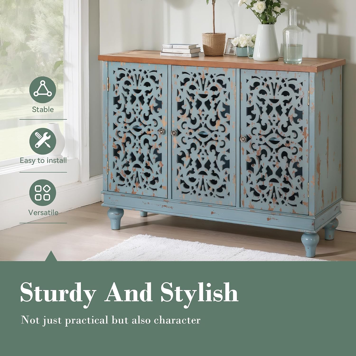 Blue Hollow Carved 3-Door Sideboard Credenza