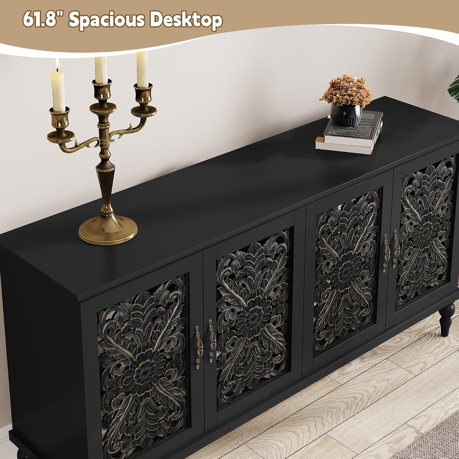 Black 4-Door Carved Sideboard