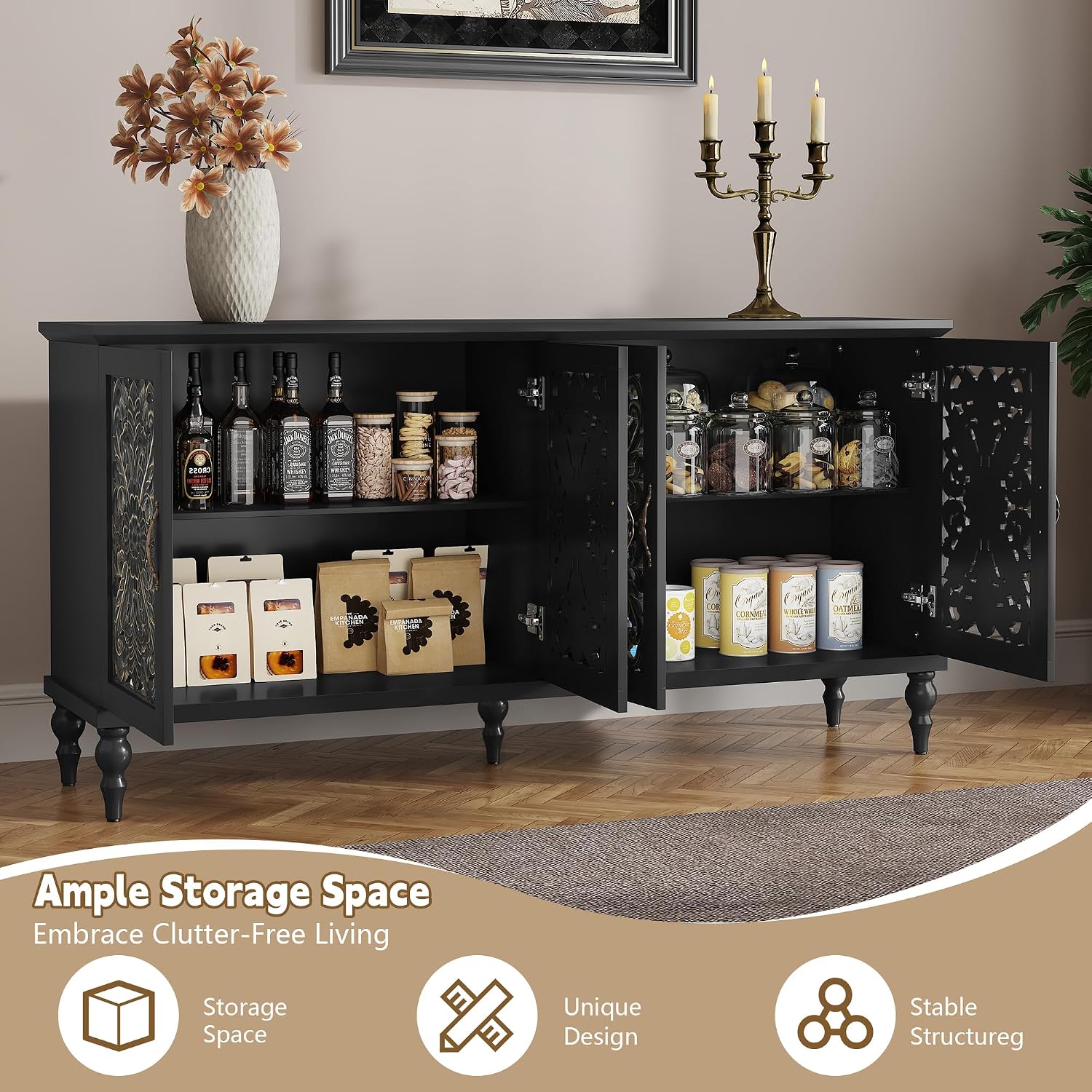 Black 4-Door Carved Sideboard