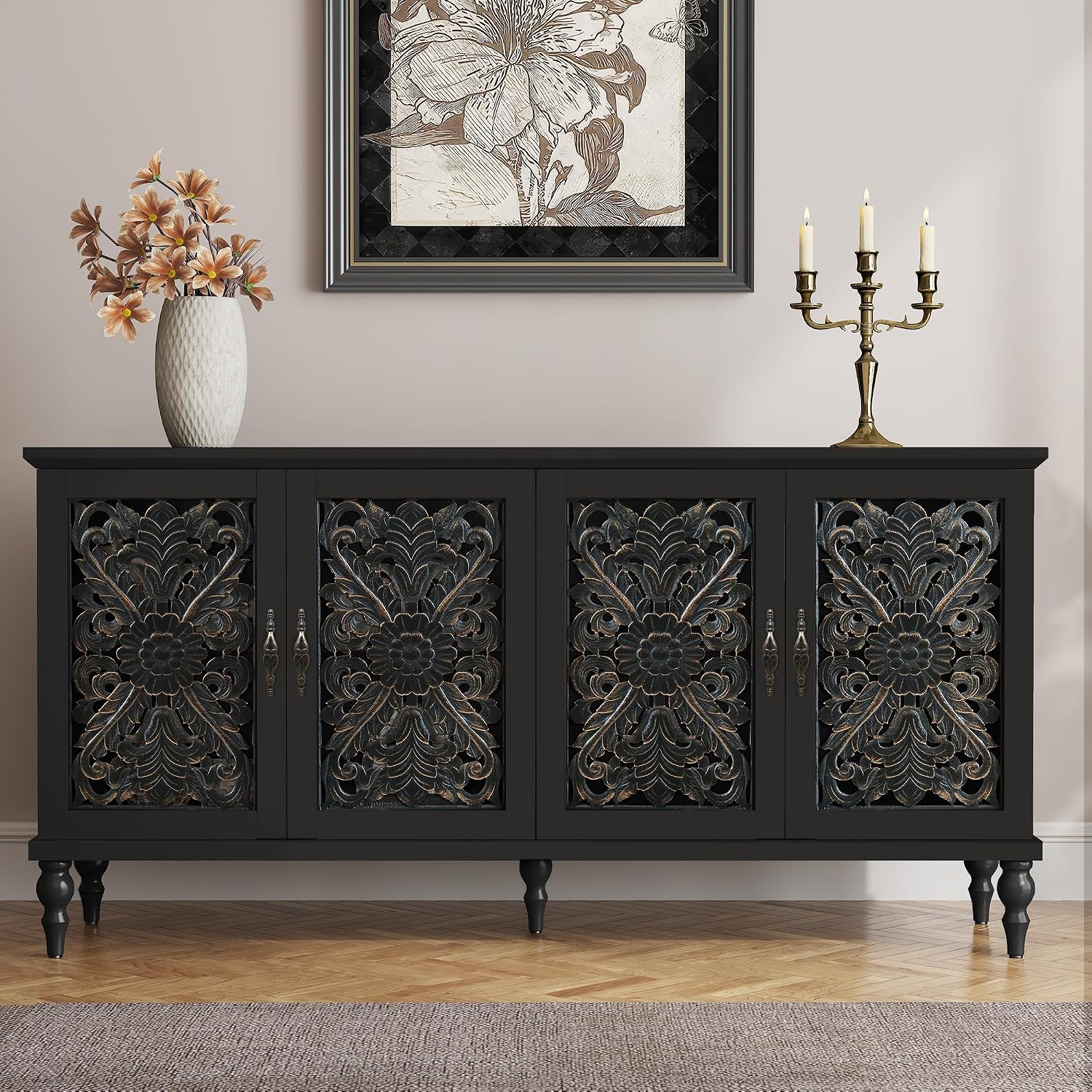 Black 4-Door Carved Sideboard